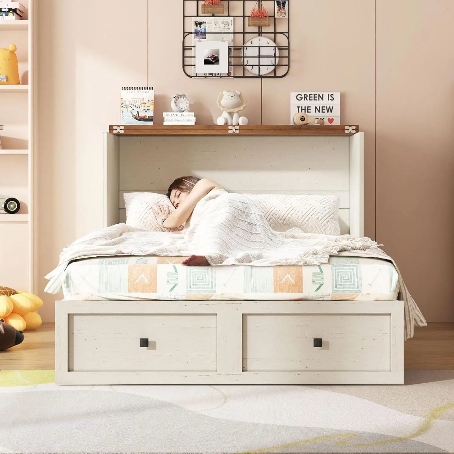 Farmhouse Style Murphy Bed with Storage, Foldable Panel, and Charging Station for Quiet Guest Bedroom