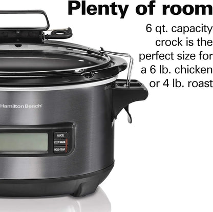 Portable 6 Quart Set & Forget Digital Programmable Slow Cooker with Lid Lock, Temperature Probe, Dishwasher Safe Crock & Lid, Bl