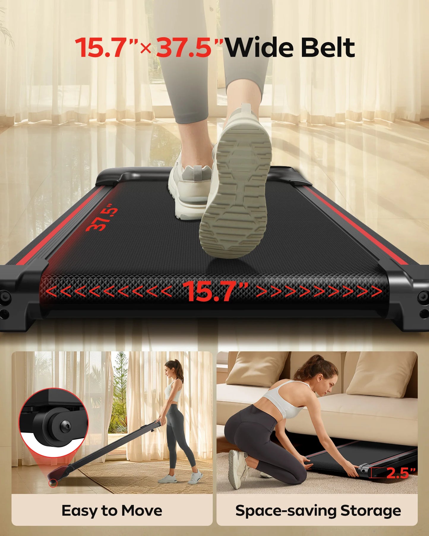 2.5 HP Incline Under-Desk Treadmill, Triple Knee Protection, with App and Remote Controls