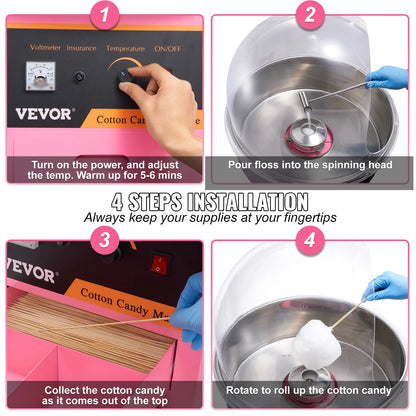 VEVOR Electric Cotton Candy Machine Commercial Floss Maker with Stainless Steel Bowl Sugar Scoop and Drawer for Birthday Party