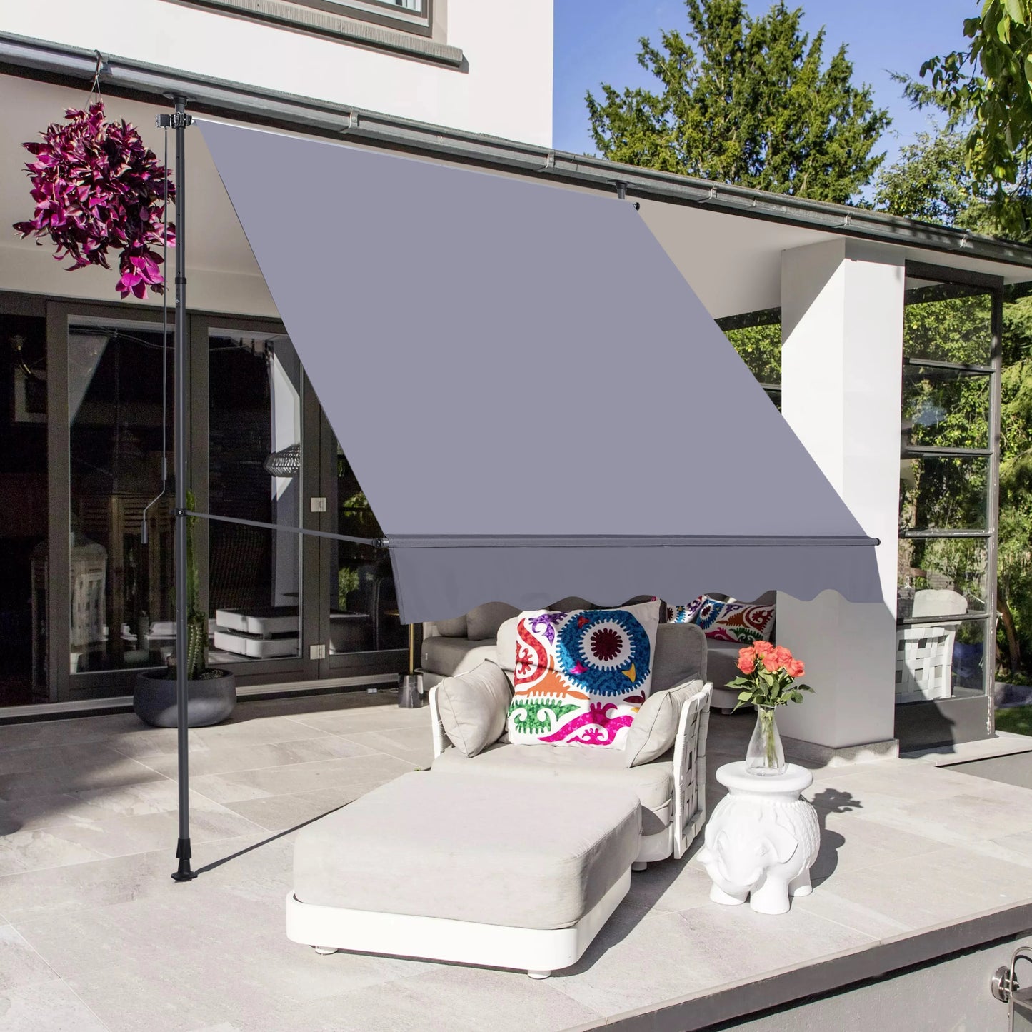 Manual Retractable Awning-118'' Non-Screw Outdoor Sun Shade Cover with UV Protection – 100% Polyester Made Outdoor Canopy Adjust.  Perfect for apartment balconies.