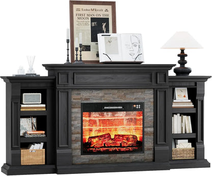 72" Fireplace TV Stand for TVs Up to 80 Inch, Electric Fireplace with Mantel, Modern Entertainment Center with Storage,