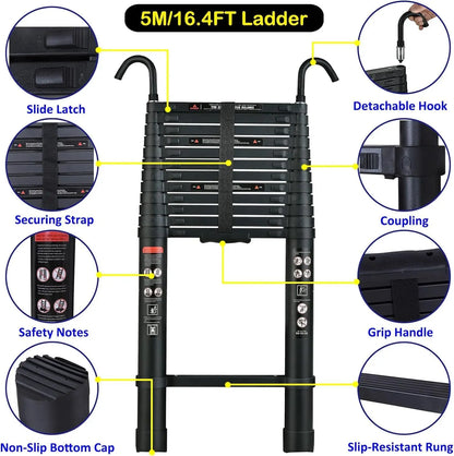 NEW! Stronger Black Telescopic Ladders 10.5FT-20.3FT Folding Aluminium with Detachable Hooks Extendable Steps Non-Slip Home Tool