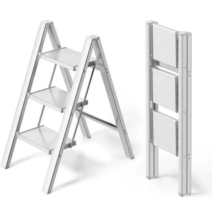 Step Ladder Aluminum Folding Step Stool W/ Wide Anti-Slip Pedal Home Office Lightweight Portable Stepladder (Silver,black)