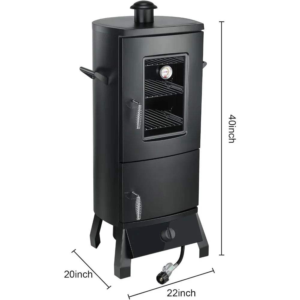Propane Smoker with Cover, Vertical Smoker Grill with Temperature Control Outdoor Heavy Duty Three Removable Smoking Shelves, Bl