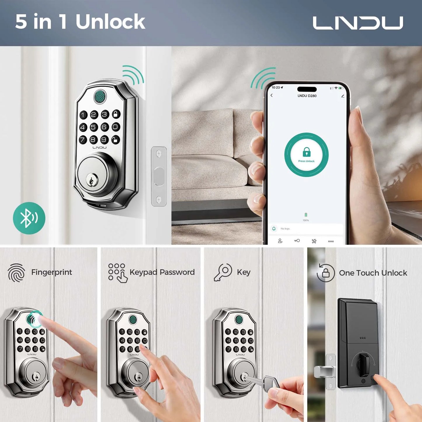 LNDU Smart Door Lock D280L Fingerprint Lock&Keypad Combination Lock All-in-One Intelligent Door Lock Waterproof Door Locks