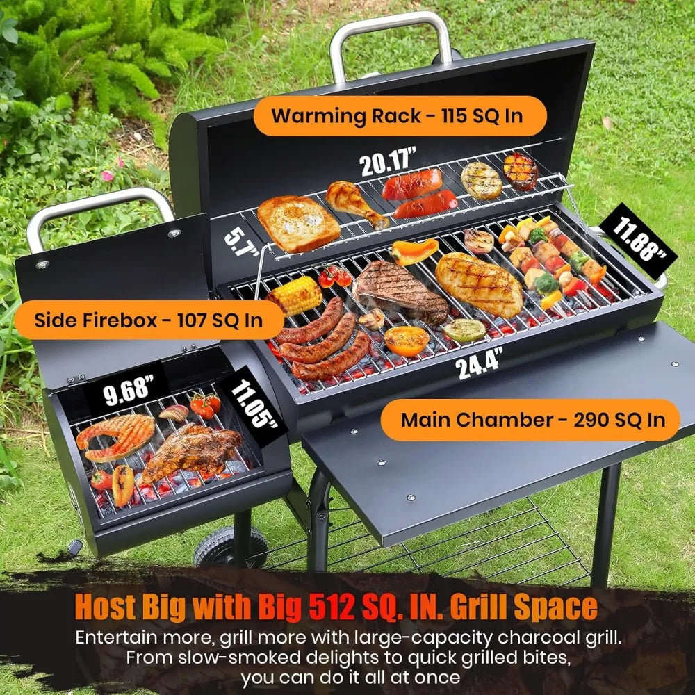 Outdoor Charcoal BBQ Grill and Smoker with Large Cooking Space - Barrel Combo for Backyard Cooking