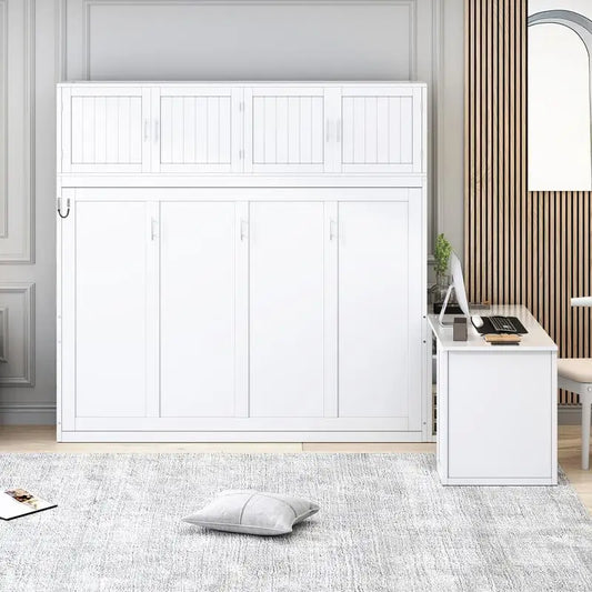 Queen Size Wall Murphy Bed with Desk Storage Shelves Cabinets White