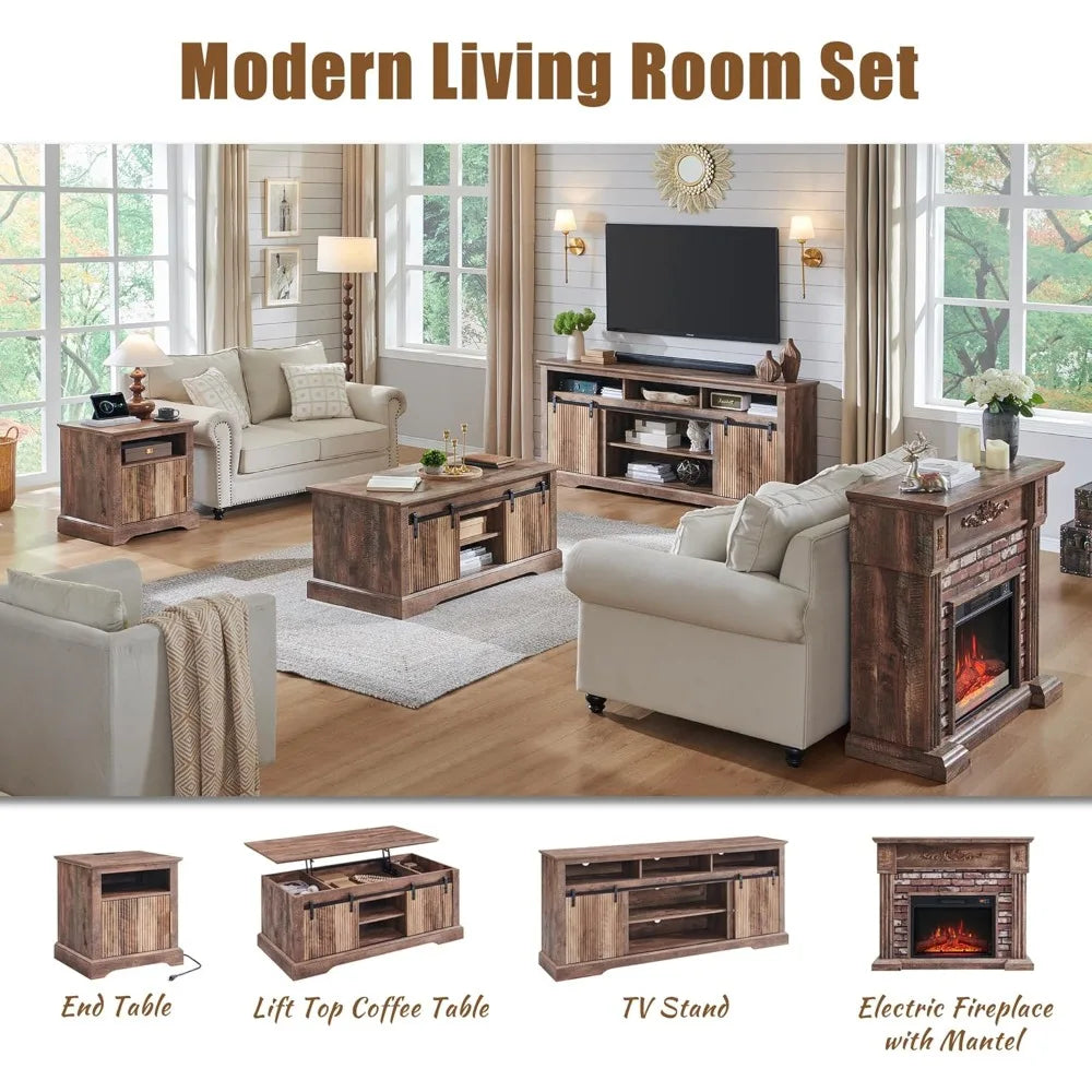 43" Electric Fireplace with Mantel, Electric Fireplace Heater, TV Stand w/Freestanding Electric Fireplaces, Stacked Stone Surrou