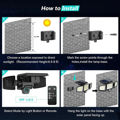 Three-Head Outdoor Solar Light, Motion Sensor Security Light for Porches, Garages, Yard Entrances and Patios