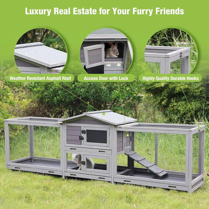 Rabbit Hutch Bunny Cage Indoor & Outdoor Rabbit Cage on Wheels, Guinea Pig Cage with 4 Deep No Leakage Pull Out Trays - 93.7"