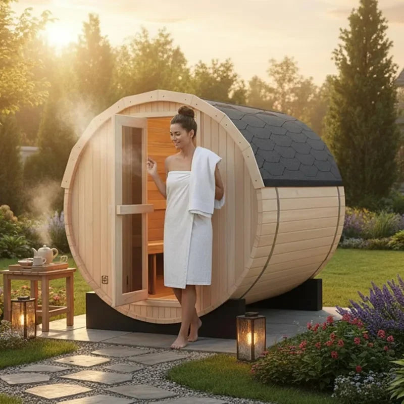 6x6FT Outdoor Barrel Sauna Room, Canadian Hemlock Wood 6KW Family Sauna for 4-6 People with Electric Heater