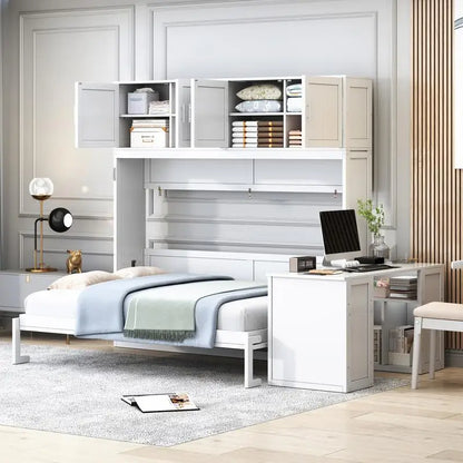Queen Size Wall Murphy Bed with Desk Storage Shelves Cabinets White