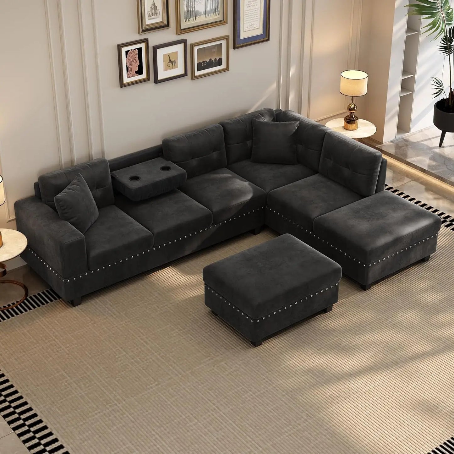 Modern Sectional Sofa with Storage Ottoman with 2 Pillows and 2 Cup Holders