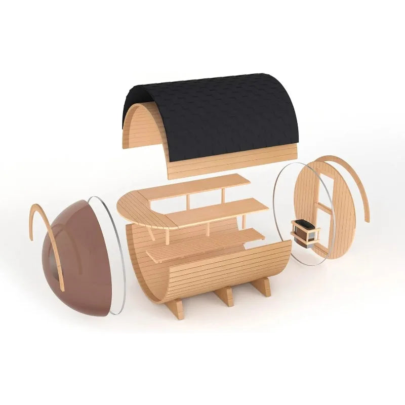 Outdoor 4-6 Person Barrel Sauna, 6kW Heater & Asphalt Shingle Roof, 220V Red Cedar Panoramic Room