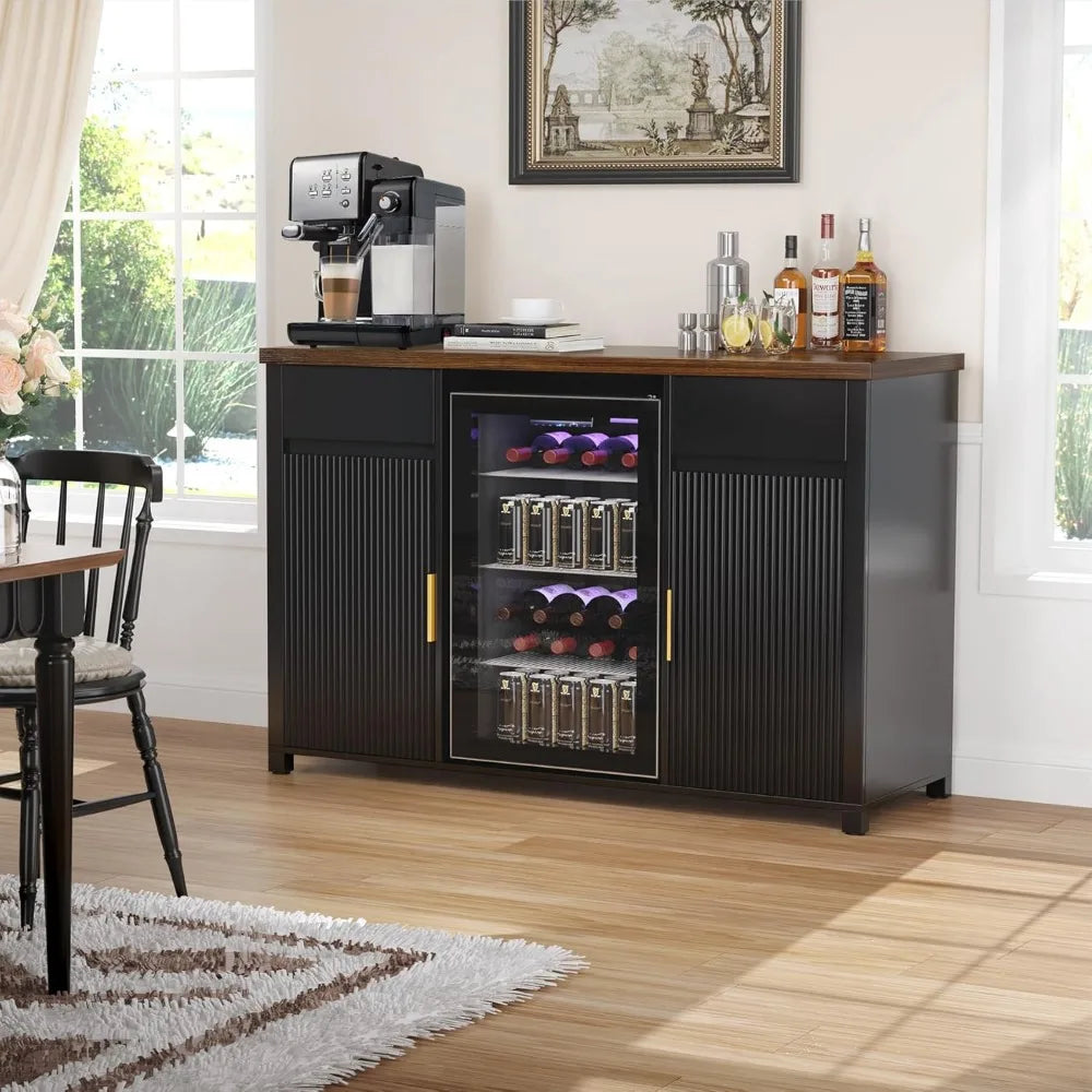 Large coffee bar cabinet with fridge and wine storage, fluted buffet sideboard for home