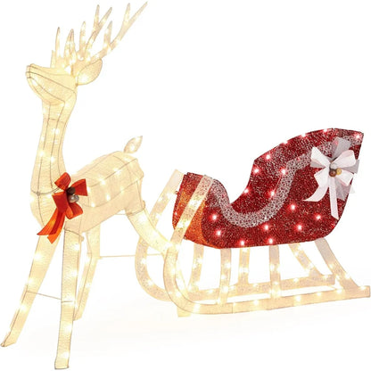 Yaheetech Pre-lit Reindeer & Sleigh Set, 4ft Light-up Christmas Decorations Set w/ 360 LED Lights/Stakes/ZipTies for Outdoor/Ind