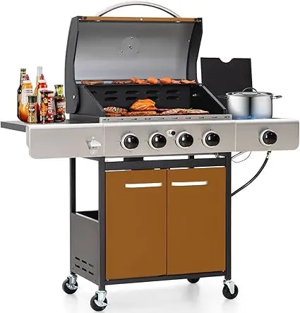 4 Burner BBQ Propane Gas Grill with Side Burner & Porcelain-Enameled Cast Iron Grates, 545 SQIN Grilling Area 42,000 BTUs BBQ