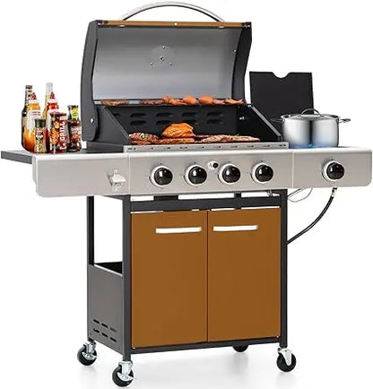 4 Burner BBQ Propane Gas Grill with Side Burner & Porcelain-Enameled Cast Iron Grates, 545 SQIN Grilling Area 42,000 BTUs BBQ