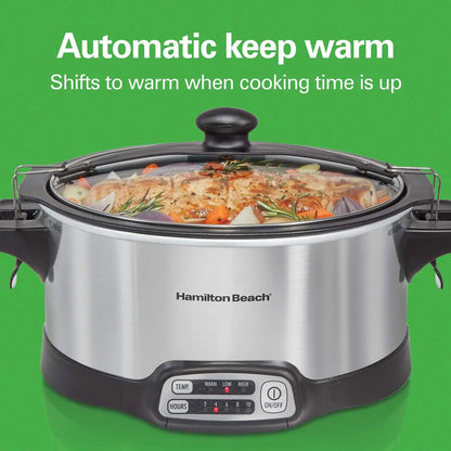 Hamilton Beach 6 Quart Programmable Slow Cooker Stainless Steel with Lock Lid & Sear-Cook Feature for Kitchen Cooking Appliances