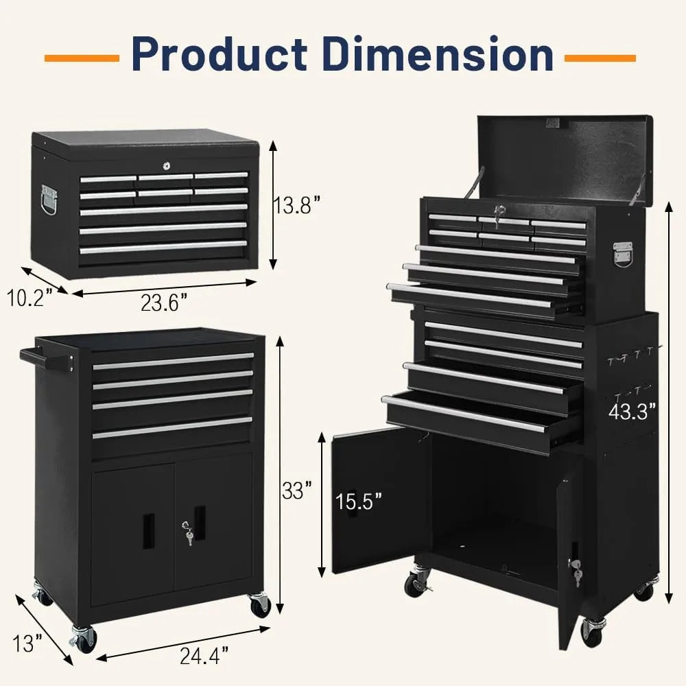 13-Drawer Double Door Rolling Tool Chest, 2 in 1 Detachable Tool Chest,Tool Box with Drawers and Wheels, Large Tool Cabinet