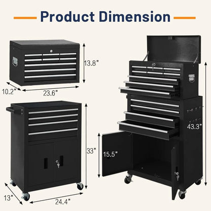 13-Drawer Double Door Rolling Tool Chest, 2 in 1 Detachable Tool Chest,Tool Box with Drawers and Wheels, Large Tool Cabinet