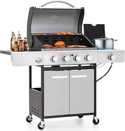 4 Burner BBQ Propane Gas Grill with Side Burner & Porcelain-Enameled Cast Iron Grates, 545 SQIN Grilling Area 42,000 BTUs BBQ