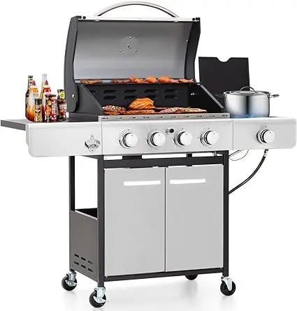 4 Burner BBQ Propane Gas Grill with Side Burner & Porcelain-Enameled Cast Iron Grates, 545 SQIN Grilling Area 42,000 BTUs BBQ