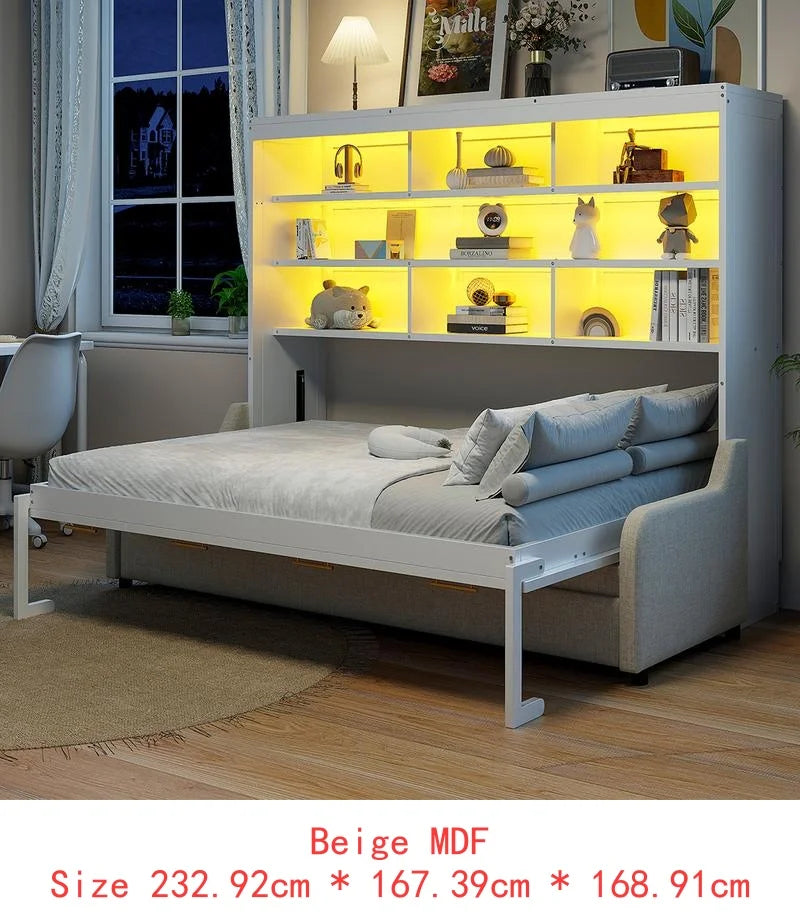 Murphy Cabinet Bed with Sofa, Storage Shelves & LED Light, Beige Color