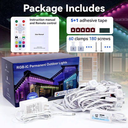 Permanent Outdoor Lights, Smart RGB Northern Lights , 100ft with 60 LED Eaves Lights IP68 Waterproof for Christmas Party Holiday.  Many patterns for all seasons.