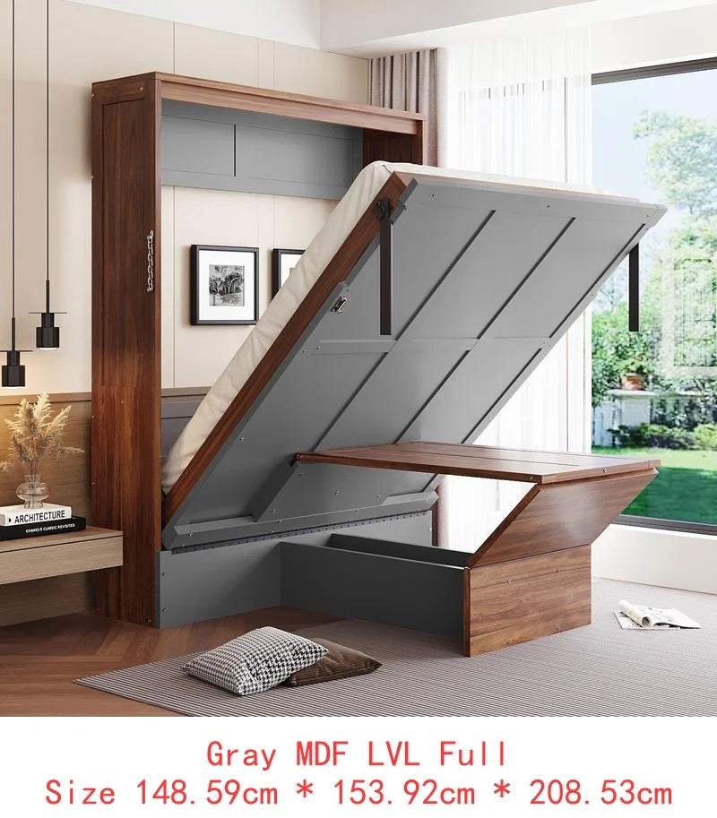 Walnut & Gray Full-Size Murphy Bed with Foldable Desk - Space-Saving Wall Bed for Compact Living