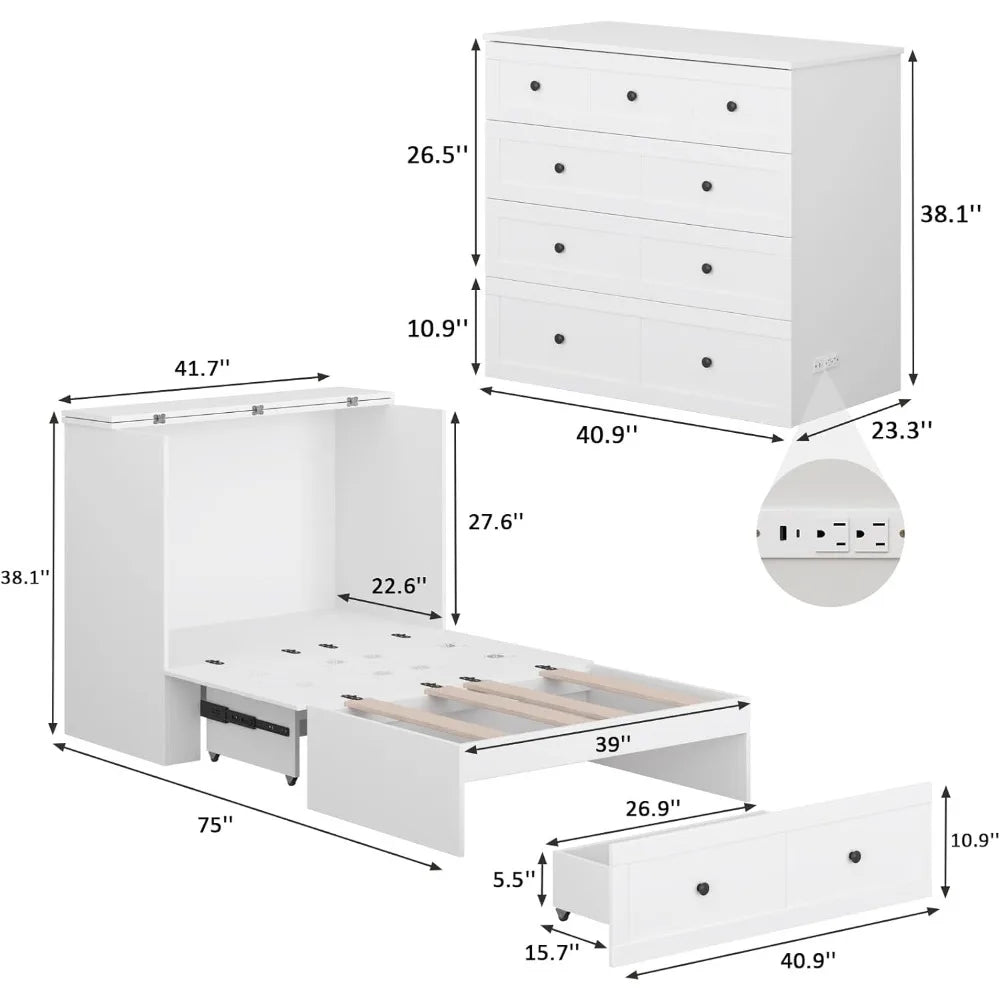 Twin Murphy Bed with Built-in Charging Station, Space-Saving Murphy Bed Chest Twin with Drawer, Foldable, for Home Office Guest