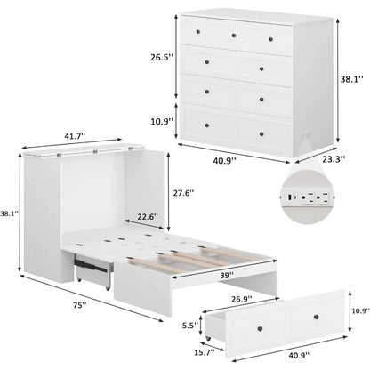 Twin Murphy Bed with Built-in Charging Station, Space-Saving Murphy Bed Chest Twin with Drawer, Foldable, for Home Office Guest