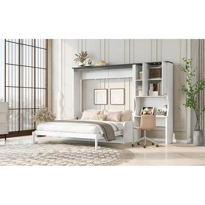Queen Murphy Bed with Sofa, Desk, and Storage Cabinet - Space-Saving Foldable Design for Small Spaces