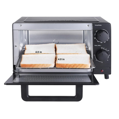 1050W 4-Slice Toaster Oven with 3 Settings Adjustable Timer Bake Broil Toast Space-Saving Design Includes Baking Rack Pan Easy