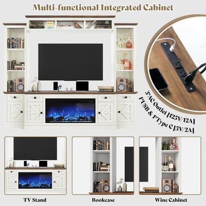 Farmhouse Style 98-inch Entertainment Center with Fireplace, TV Stand, Bookshelf, Wine Cabinet for 75-inch TVs