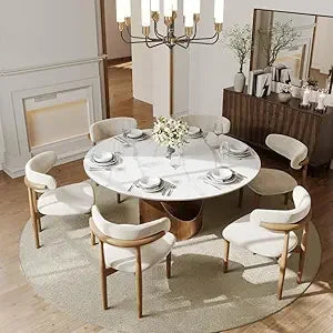 59" Round Dining Table for 4-6, Glossy White Sintered Stone Dining Tabletop with Bronze Carbon Steel Pedestal, Modern Dining Ro