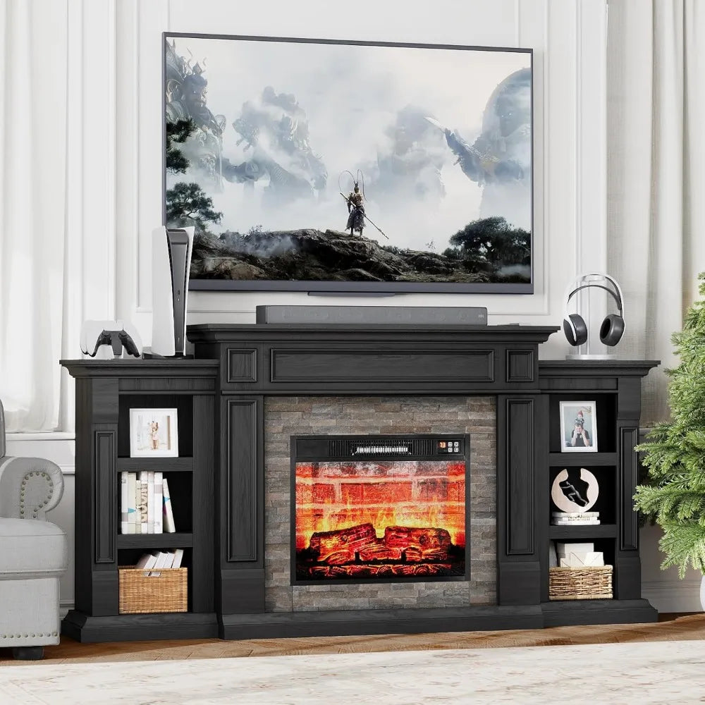 72" Fireplace TV Stand for TVs Up to 80 Inch, Electric Fireplace with Mantel, Modern Entertainment Center with Storage,
