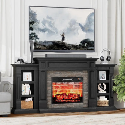 72" Fireplace TV Stand for TVs Up to 80 Inch, Electric Fireplace with Mantel, Modern Entertainment Center with Storage,