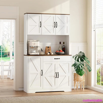 "71in White Kitchen Pantry Cabinet w/ USB Charging Station, Coffee Bar & Appliance Storage for Dining Room"