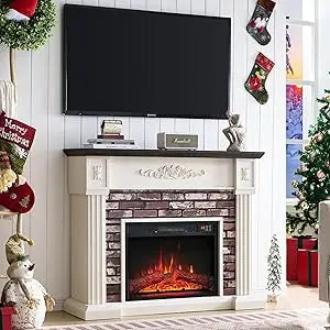 43" Electric Fireplace with Mantel, Electric Fireplace Heater, TV Stand w/Freestanding Electric Fireplaces, Stacked Stone Surrou