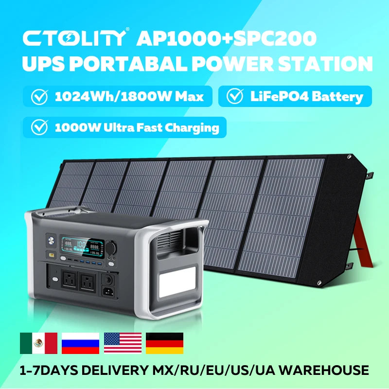 CTOLITY AP1000 1800W Solar Generator 1024Wh Backup LiFePo4 & 200W 20.5V Solar Panels Portable Power Station Outdoor Charging RV