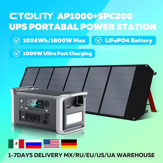 CTOLITY AP1000 1800W Solar Generator 1024Wh Backup LiFePo4 & 200W 20.5V Solar Panels Portable Power Station Outdoor Charging RV