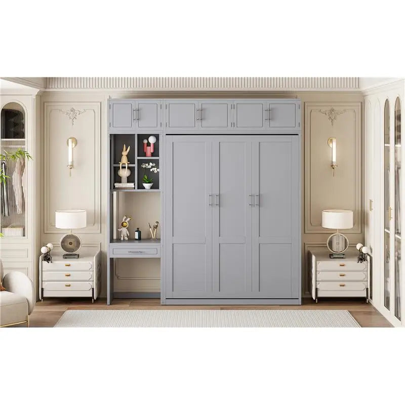 Queen Murphy Bed with Desk, Top Cabinet & Storage Shelves - Space Saving Foldable Bed in Gray