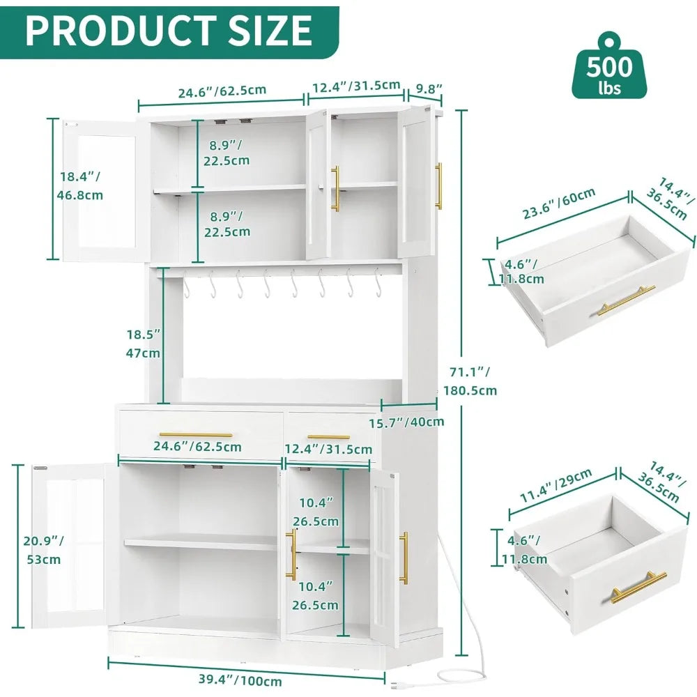71'' Kitchen Pantry Storage Cabinet with Microwave Stand, Tall Freestanding Hutch Cabinets with Power Outlet, Pantry Cabinets w
