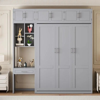 Queen Murphy Bed with Desk, Top Cabinet & Storage Shelves - Space Saving Foldable Bed in Gray