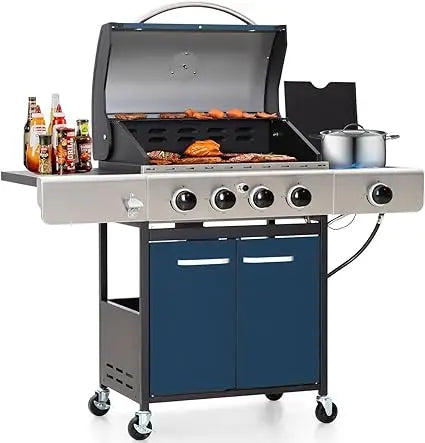 4 Burner BBQ Propane Gas Grill with Side Burner & Porcelain-Enameled Cast Iron Grates, 545 SQIN Grilling Area 42,000 BTUs BBQ