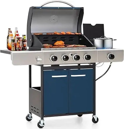 4 Burner BBQ Propane Gas Grill with Side Burner & Porcelain-Enameled Cast Iron Grates, 545 SQIN Grilling Area 42,000 BTUs BBQ