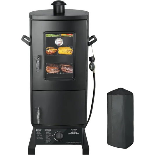 Propane Smoker with Cover, Vertical Smoker Grill with Temperature Control Outdoor Heavy Duty Three Removable Smoking Shelves, Bl
