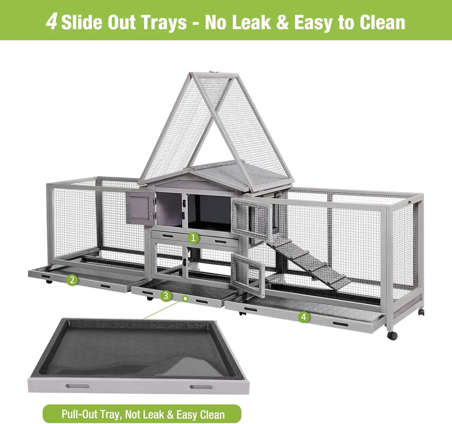 Rabbit Hutch Bunny Cage Indoor & Outdoor Rabbit Cage on Wheels, Guinea Pig Cage with 4 Deep No Leakage Pull Out Trays - 93.7"
